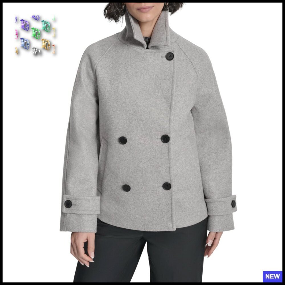Faux Wool Pea Coat Tailored Chic Winter Jacket Double Breasted Short Length